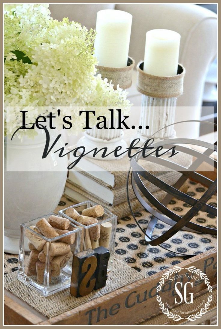 a table with candles, vases and other items on it that says let's talk vignettes