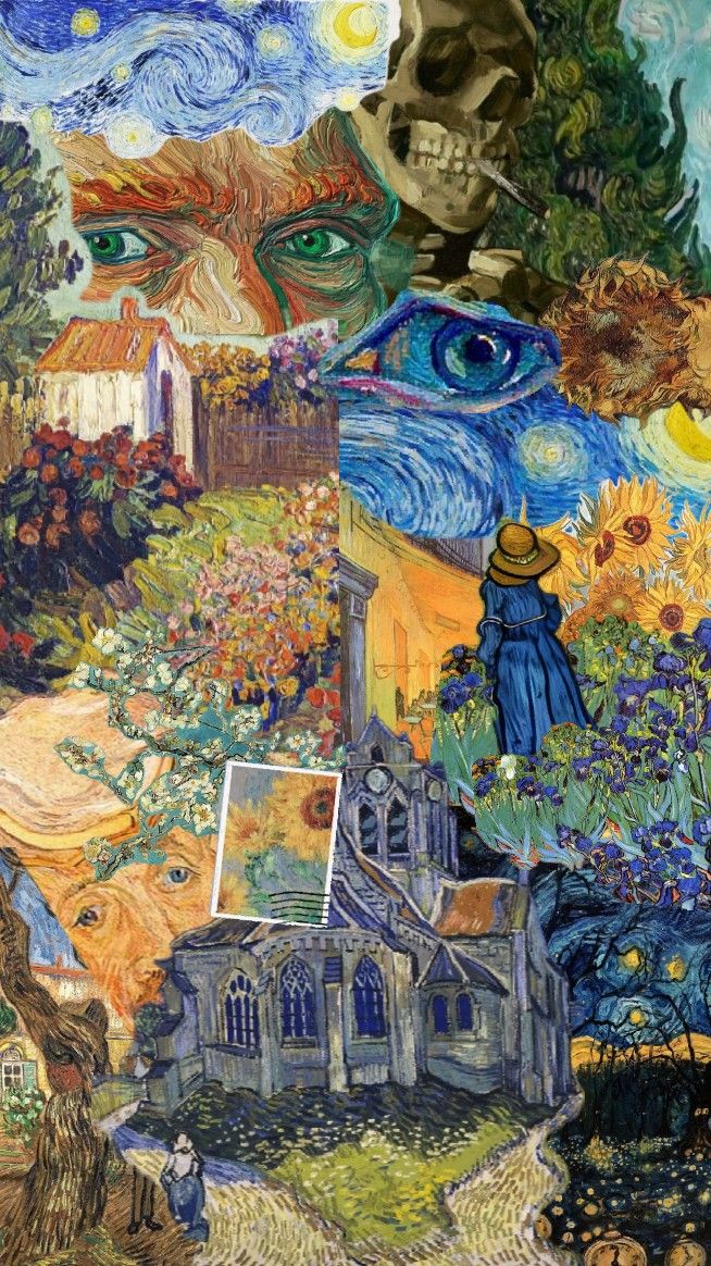 an artistic painting with many different colors and shapes, including the image of a man's face