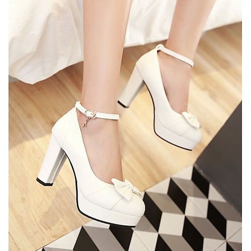 White Chunky Heels, Homecoming Shoes, Wedge Wedding Shoes, Girls High Heels, Wedding Shoes Flats, Heels Online, Bridesmaid Shoes, Cute Heels, Platform Heels Chunky