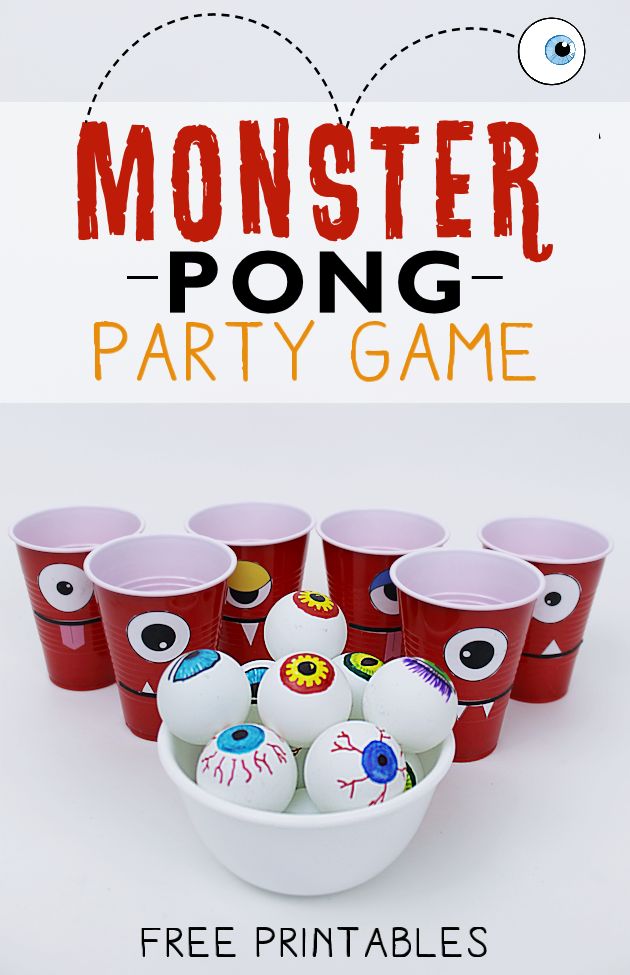 there are many cups with faces painted on them and the words monster pong in front of them