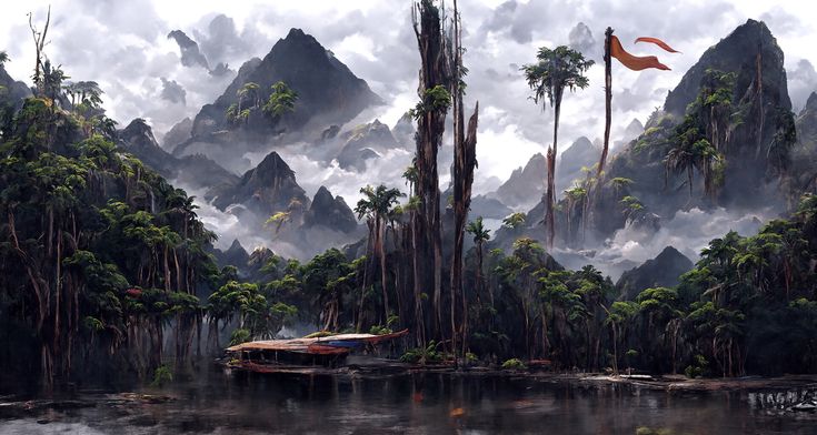 a painting of a boat in the middle of a river surrounded by trees and mountains