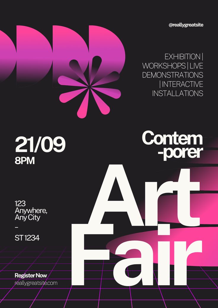 the poster for art fair is shown in pink and purple colors, with an abstract design