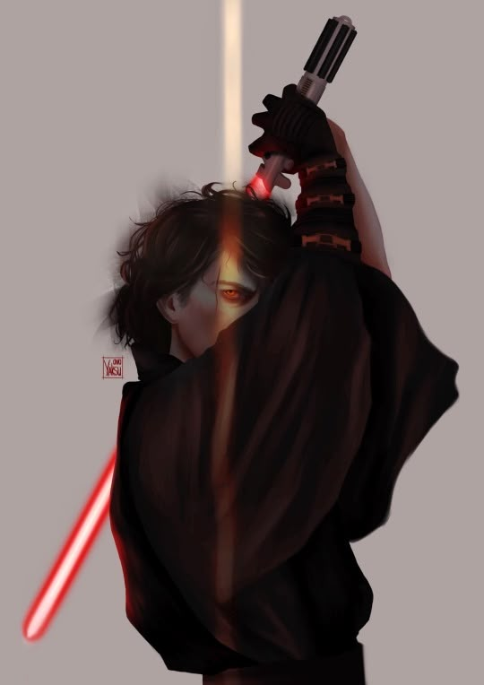 a woman holding a light saber in her right hand and wearing a black outfit with red lights on it