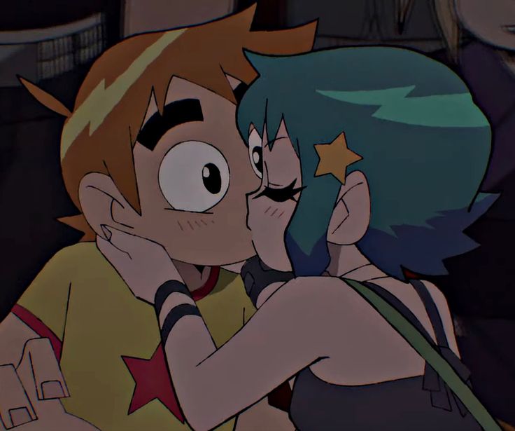 an animated image of two people kissing and one is holding the other's head