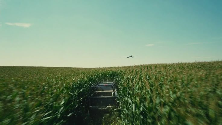 an airplane flying over a corn field with a truck in the foreground and another vehicle on the far side