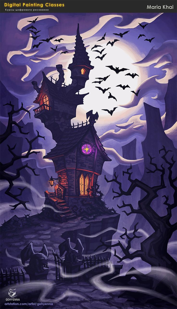 a painting of a house with bats flying over it