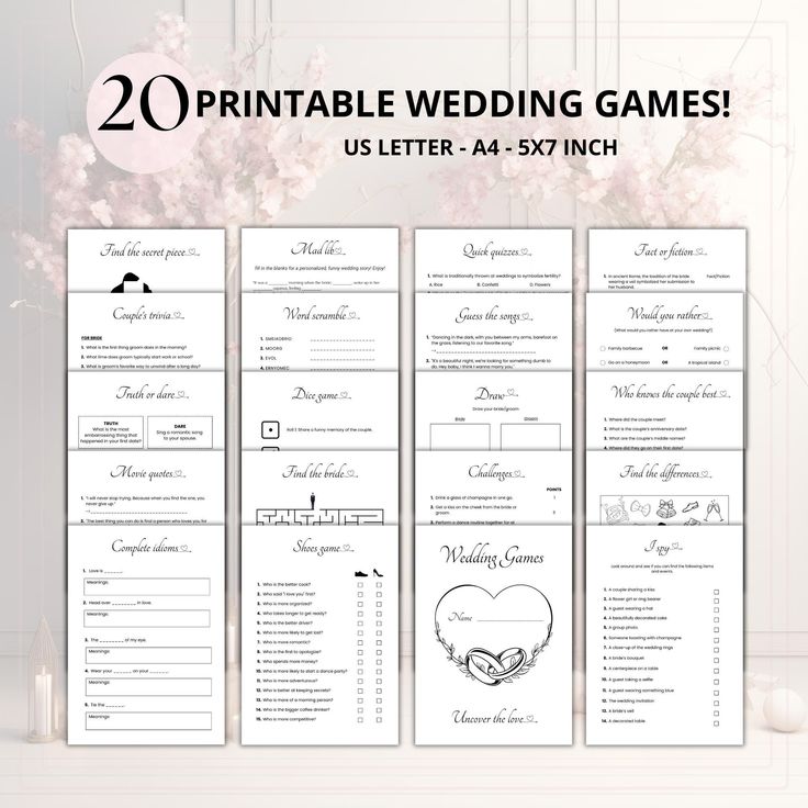 the printable wedding game is shown with flowers and candles