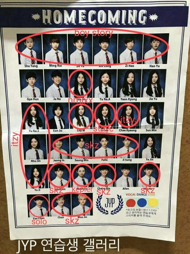 a poster on the wall with images of young men and women in their school uniforms