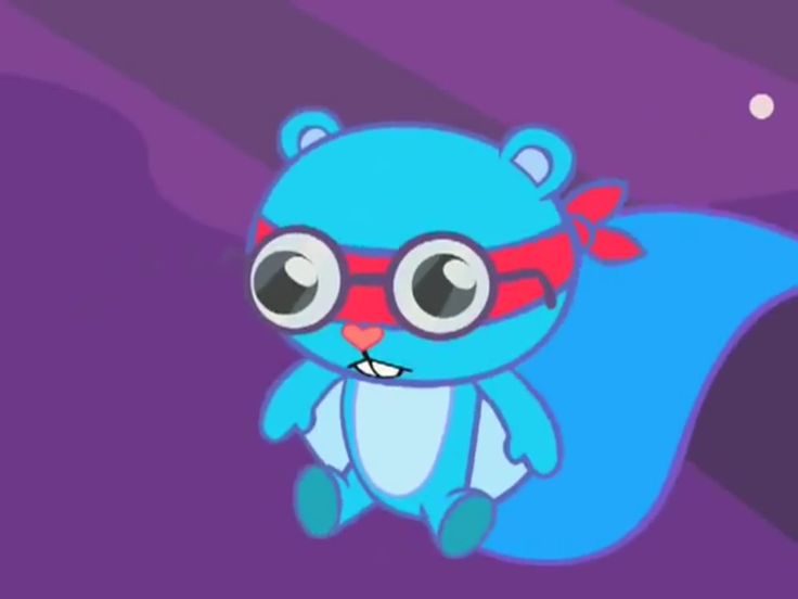 a blue cartoon bear with glasses and a red bow on it's head, standing in front of a purple background