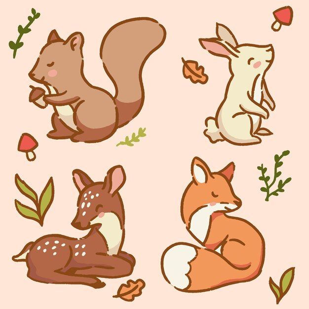 four different types of animals with leaves and flowers in the foreground, on a pink background