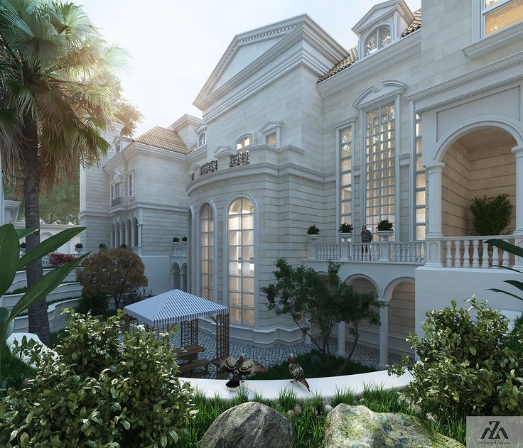 an artist's rendering of a mansion in the middle of palm trees and bushes