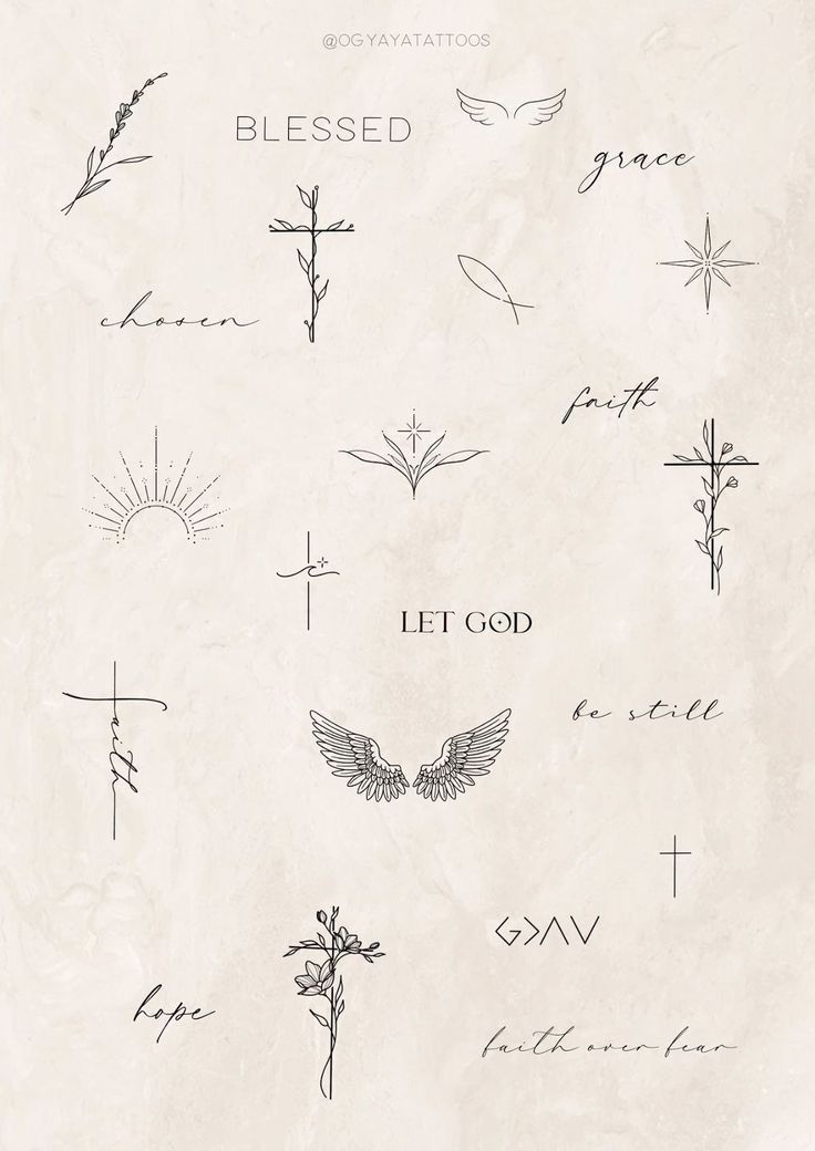 the cross and other symbols are drawn in ink on paper, with words written below them