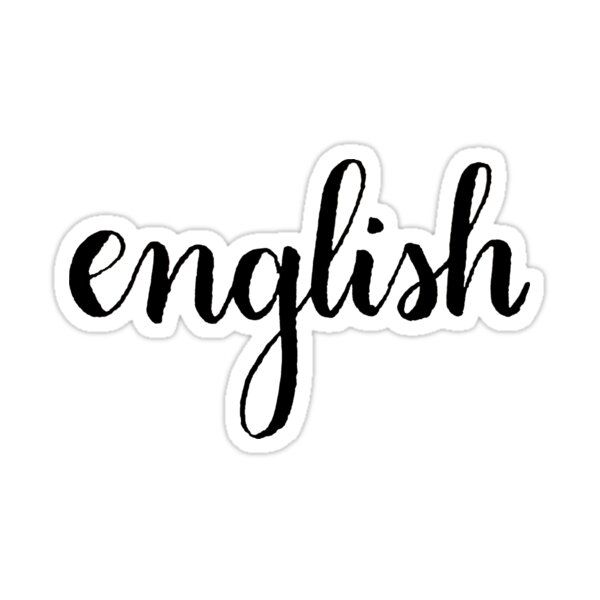 the word english written in cursive black ink on a white background sticker