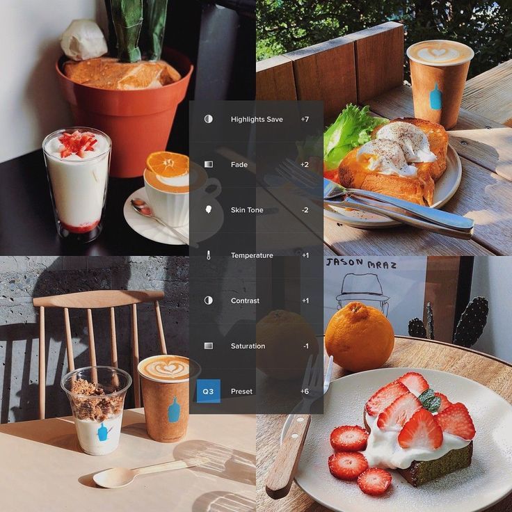 a collage of photos showing different types of food and drinks on plates, with the menus displayed