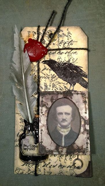 an altered photo with a bird and a feather quill on it's side