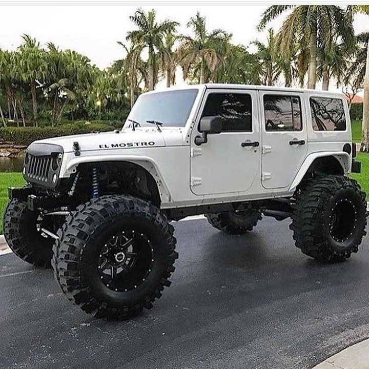 a white jeep is parked on the street in front of some trees and palm trees