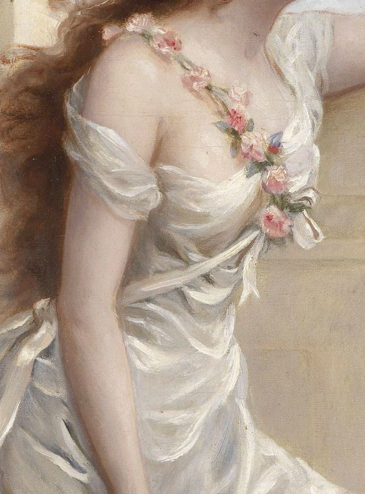 a painting of a woman in a white dress with long hair and flowers on her shoulder