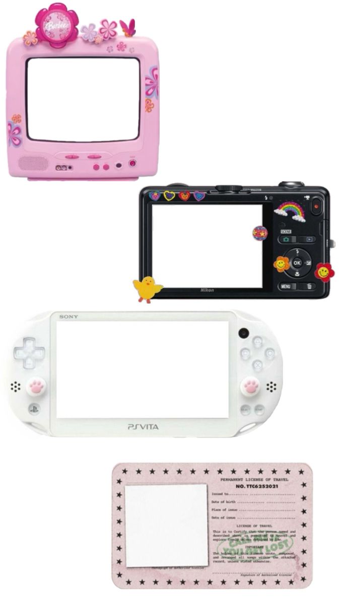 three different types of electronic devices are shown in this image, including a pink and white device