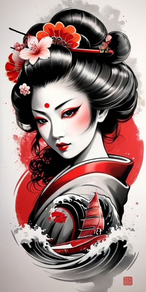 Geisha Tattoo Design Colored, Japanese Tattoo Designs Geisha, Japan Wave Tattoo, Japanese Geisha Tattoo Design, Japanese Tattoo Designs Ideas, Japanese Tattoo Art Geisha, Japanese Tattoo Geisha, Geisha Artwork Japanese Art, Geisha Tattoo Design Ideas