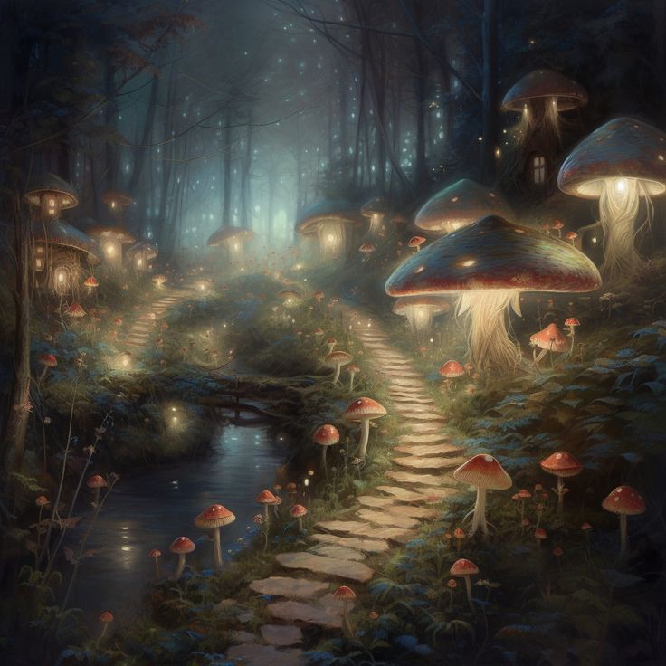 an image of a forest scene with mushrooms on the ground and lights in the trees