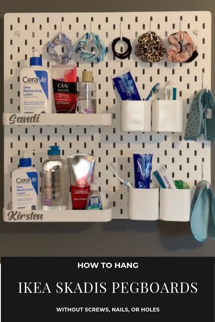 a white shelf filled with personal care products and hygiene items next to the words how to hang ikea skadis pegboards without screw nails or holes