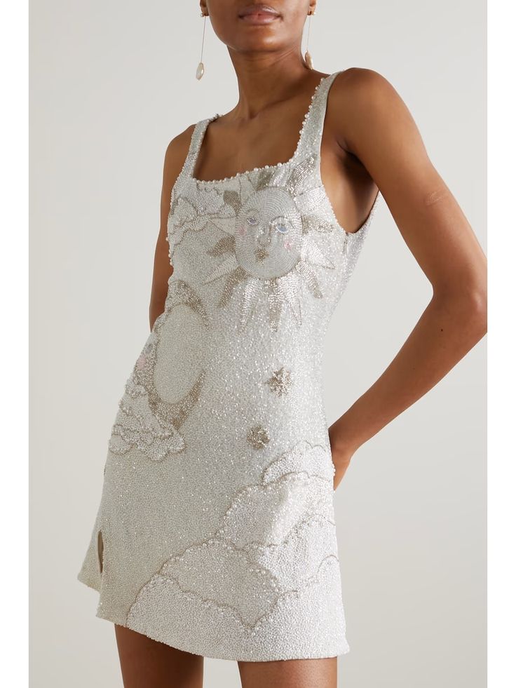 CLIO PEPPIATT Lucina embellished stretch-mesh mini dress | NET-A-PORTER Fancy Mini Dresses Wedding, Beaded Mini Dress White, Champagne Graduation Dress, Short White Beaded Dress, Cleo Peppiatt Dress, White Sparkly Mini Dress, Mini Wedding Dress Short, Little White Dress Bridal, White Bridal Outfits