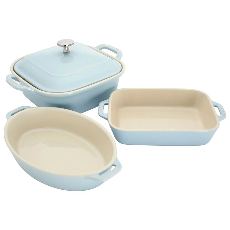 Perfect for everything from baked pasta dishes and layered party dips to roasted vegetables or fruit crisps, this four-piece baking set makes a handsome and versatile addition to any kitchen. Glass-porcelain enamel glaze is scratch-resistant, won’t absorb moisture from cooking foods, and matches Staub cast-iron pieces for a beautiful tabletop display. Superior stoneware distributes heat evenly and efficiently and is also highly resistant to thermal shock, allowing it to go from freezer to oven to table without cracking. Set includes a 7.5" x 6" rectangular baker, 9" oval baker and 9" x 9" square baker with lid. Moist Brownies, Baked Pasta Dishes, Baking Pans Set, Coffee Tools, Baking Dish Set, Casserole Dish With Lid, Genuine People, Brownie Pan, Ceramic Accessory