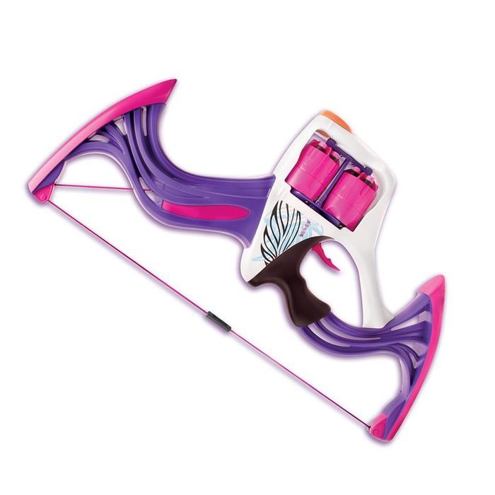 a pink and purple toy bow with two arrows on the front, and one arrow in the back