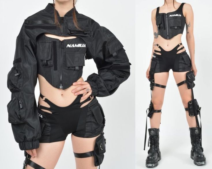 Cybercore Aesthetic Fashion, Cute Villain Outfits, Super Spy Outfit, Techwear Summer Outfit, Dark Cyberpunk Outfit, Cyberpunk Skirt Outfit, Cyberpunk Costume Design, Girly Cyberpunk Outfit, Summer Techwear Outfits Women