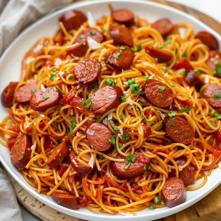 a white plate topped with spaghetti and pepperoni on top of a wooden cutting board