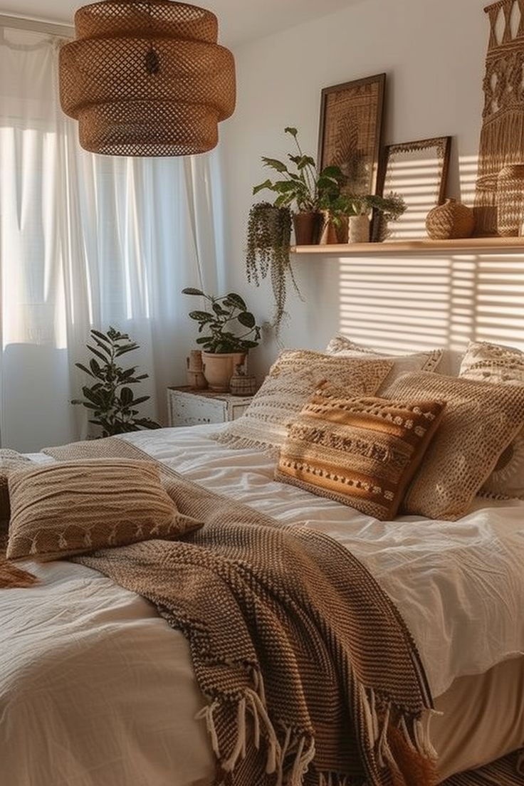 a large bed sitting in a bedroom next to a window filled with potted plants