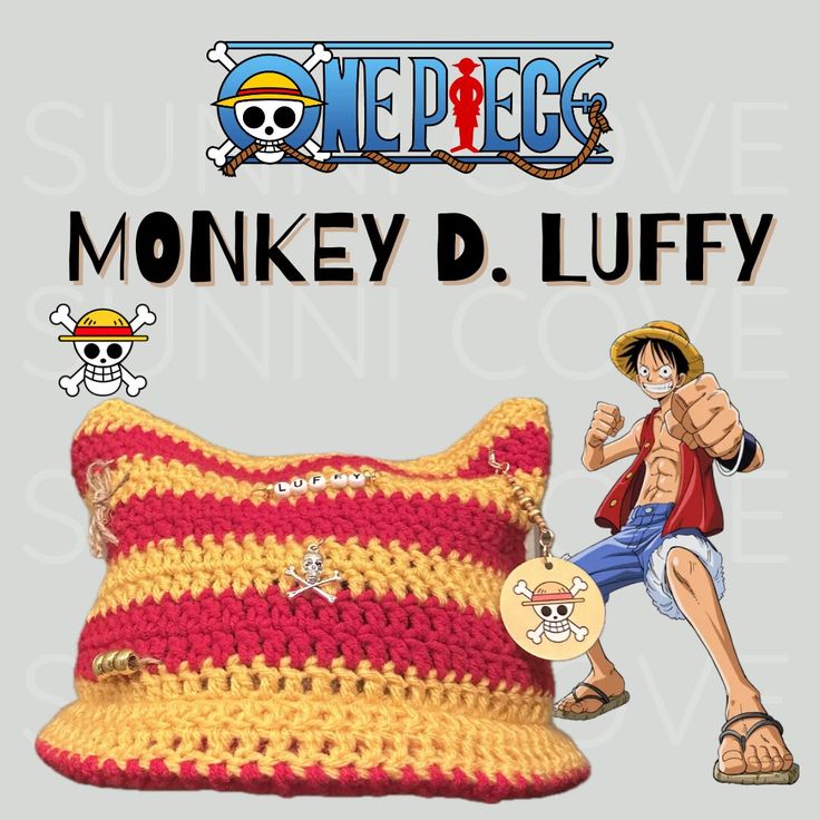 a crocheted hat and pillow with one piece monkey d luffy on it