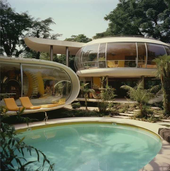 an unusual house with a swimming pool in the middle and two lounge chairs next to it