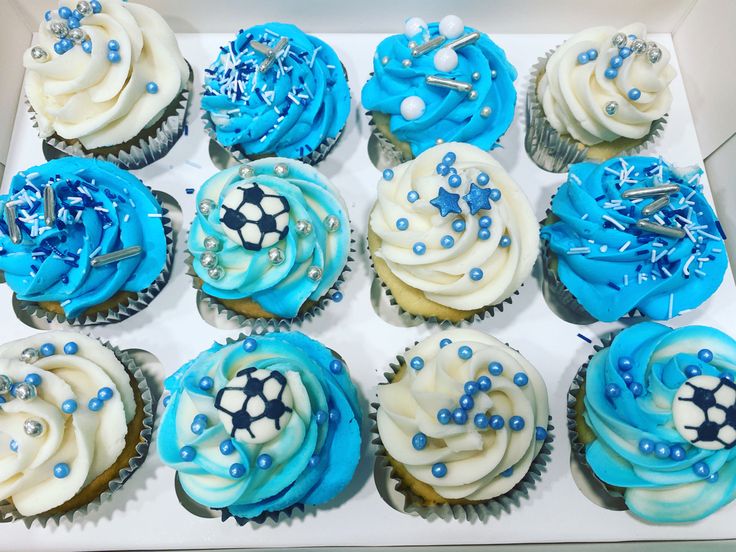 Blue Man City themed cupcakes for his birthday Messi Birthday, Manchester Football, Football Cupcakes, Preston Lancashire, Vegan Cakes, Cupcakes Cake, Soccer Party, Character Cakes, Kitchen Shelf