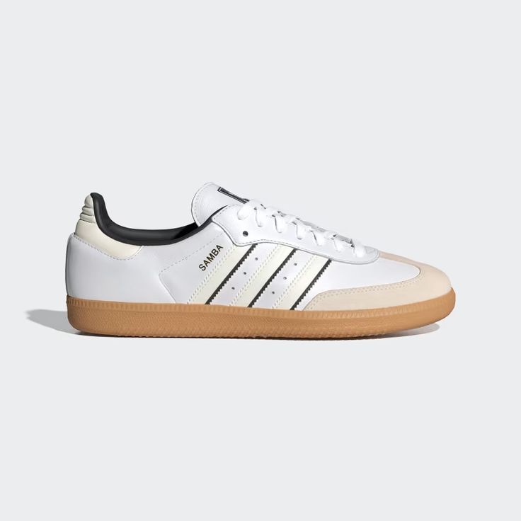 Dropped in the 1950s as an indoor soccer trainer, the adidas Samba has been a classic ever since. These Samba OG shoes pay homage to the classic with a gum rubber outsole and serrated 3-Stripes. Subtle design details like colored linings and perforations level up your look. Adidas Beige, Soccer Trainer, Samba Og Shoes, Adidas Rivalry Low, Samba Adidas, Color Cloud, Adidas Samba Og, Indoor Soccer, Beige Outfit