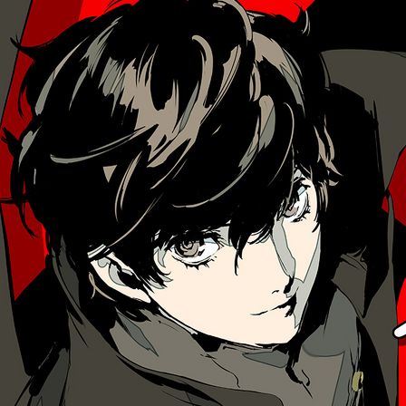 an anime character with black hair holding a knife and looking at the camera while standing in front of a red background