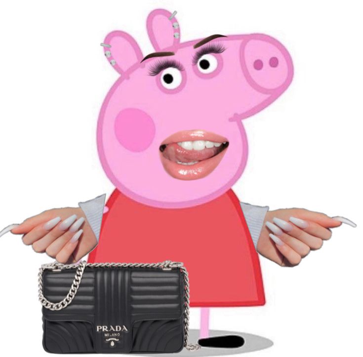 peppa pig holding onto a black purse