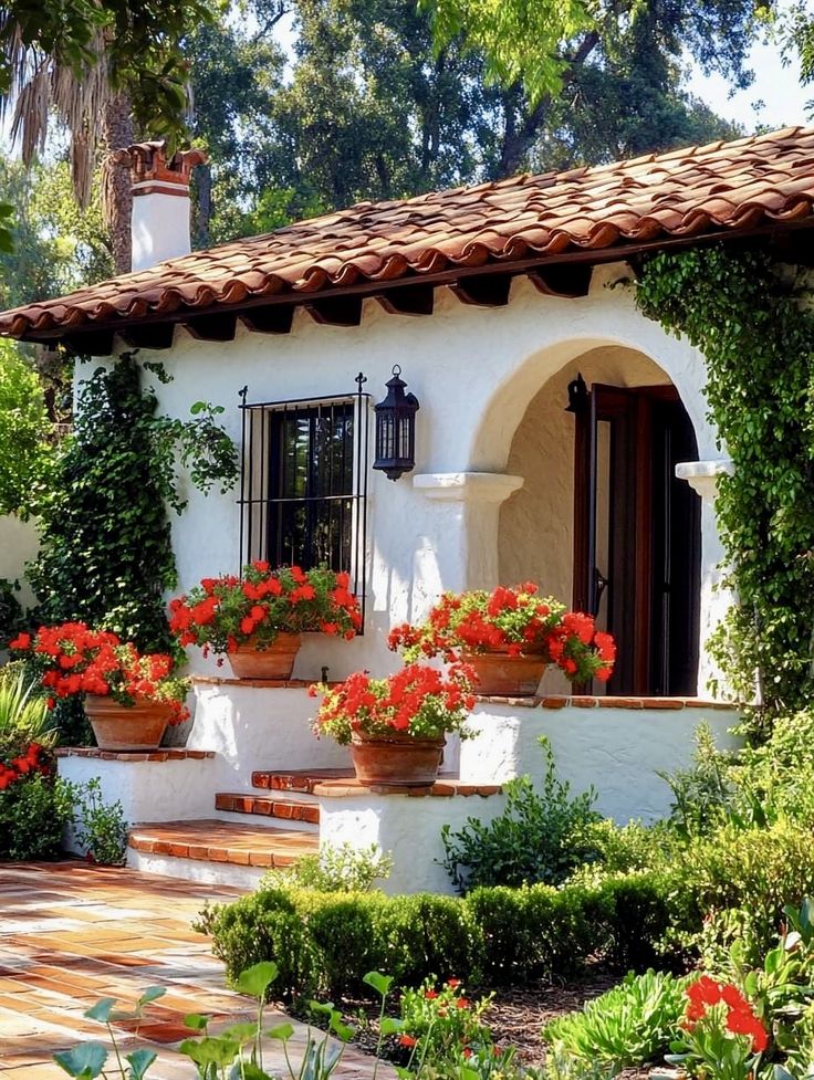 a white house with red flowers on the windows and plants growing in pots around it