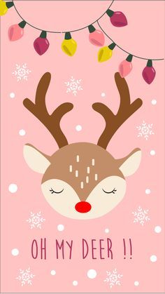 a pink christmas card with a reindeer's head and lights hanging from the ceiling