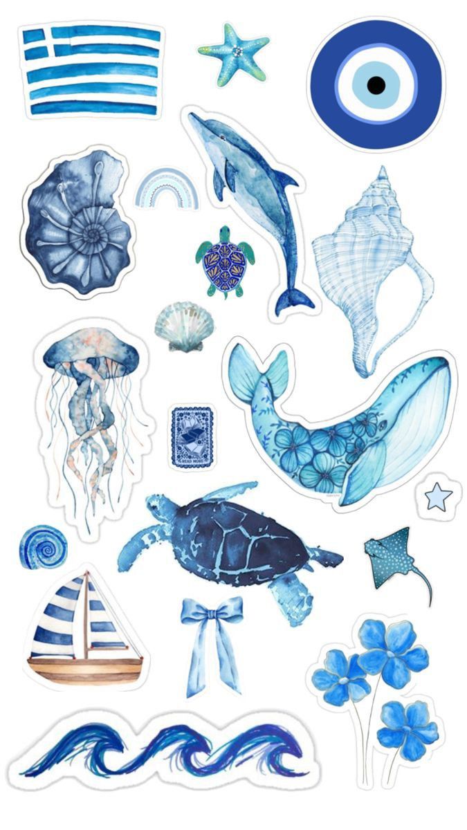 an assortment of stickers with marine animals and sea creatures in blue, on a white background