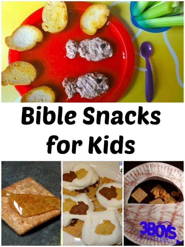 the cover of bible snacks for kids is shown with pictures of different foods and desserts