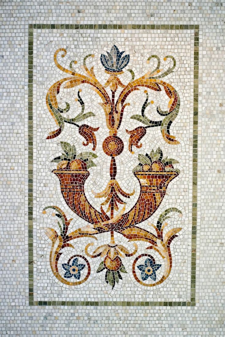 an artistic tile work in the shape of a boat with flowers and leaves on it