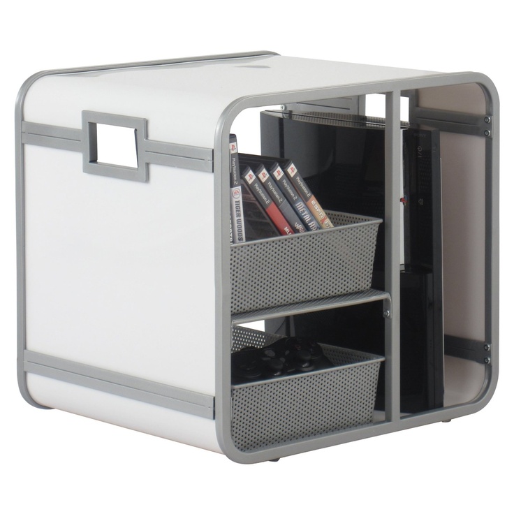 a white and grey storage unit with two bins on the bottom, one holding books