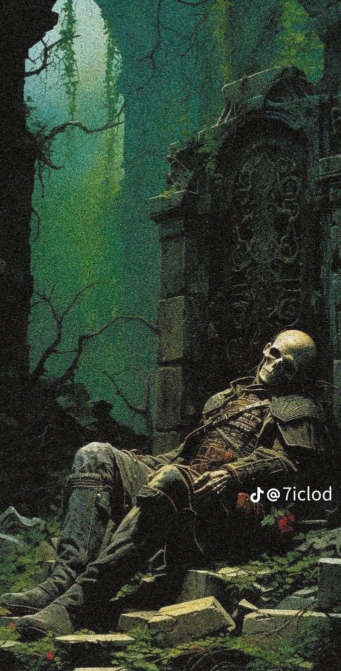 a painting of a skeleton laying on the ground in front of a grave with moss growing around it