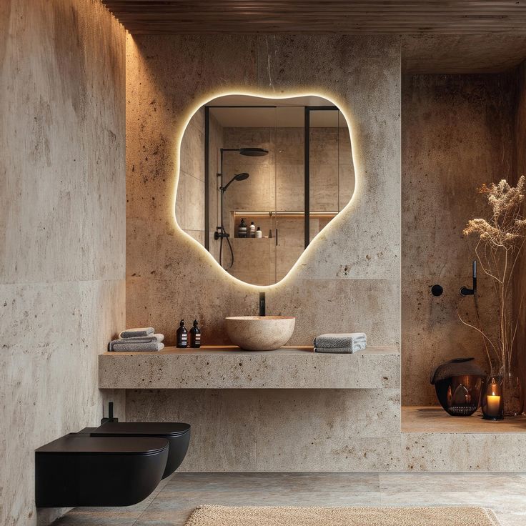 a bathroom with a sink, mirror and lights on the wall above it's counter