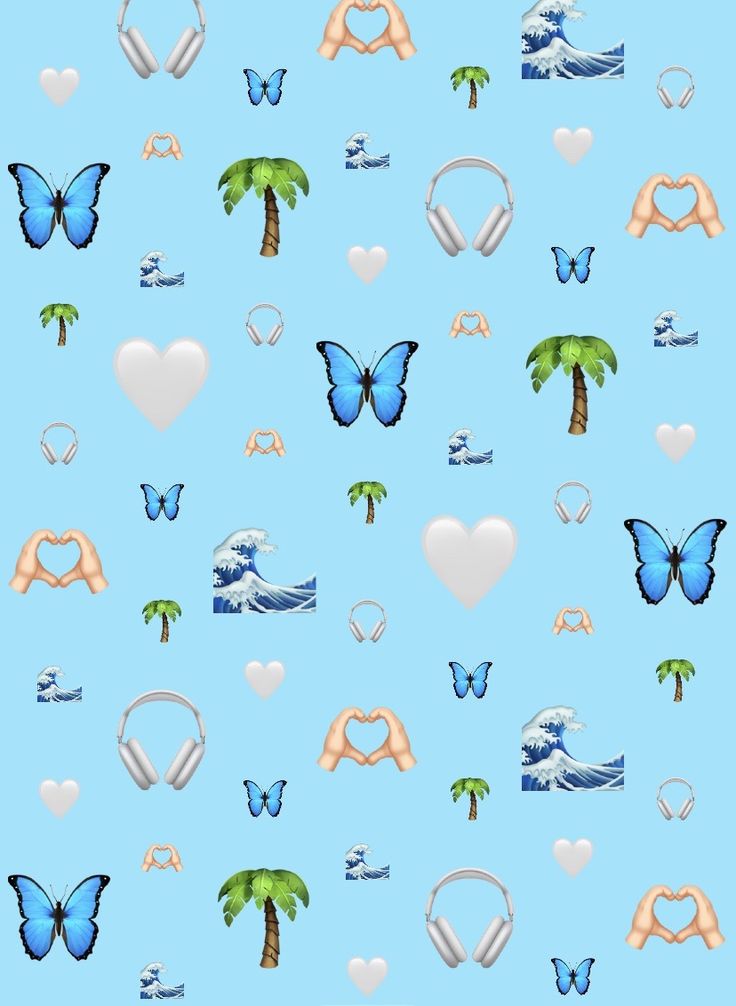 a blue wallpaper with different types of items on it, including headphones and palm trees