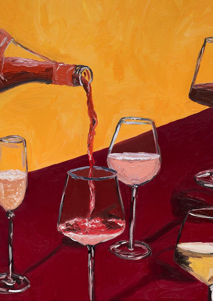 a painting of wine being poured into glasses