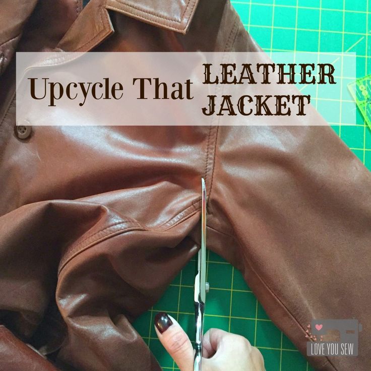 someone is cutting leather with scissors on a green surface and the words, upcycle that leather jacket