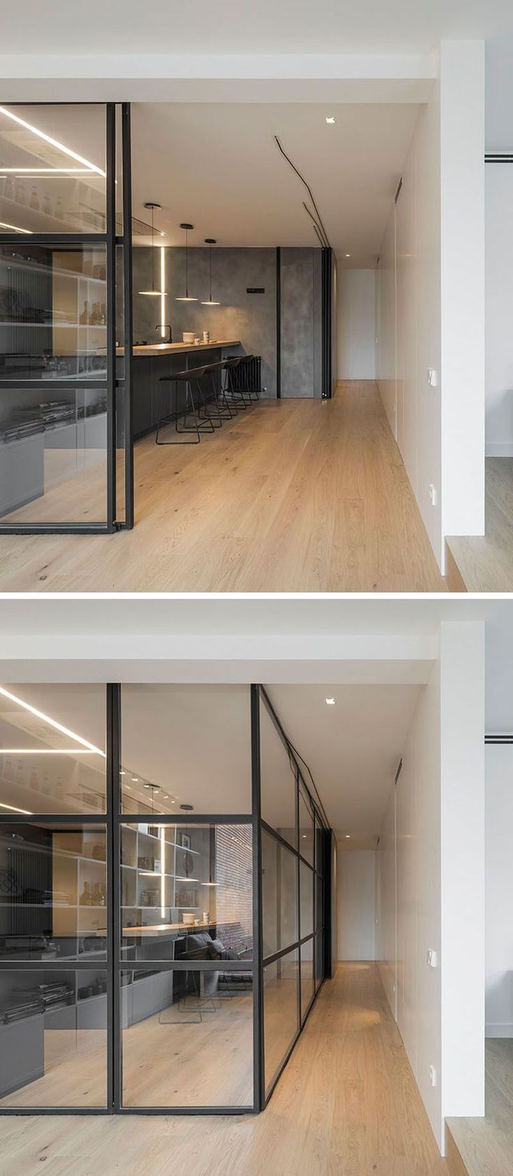 three different views of a room with wooden floors and glass doors that open up to the living area