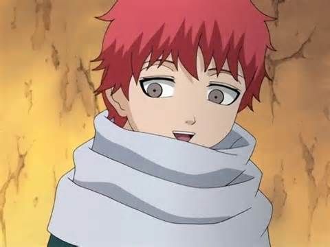 an anime character with red hair and blue eyes wearing a scarf around his neck looking at the camera